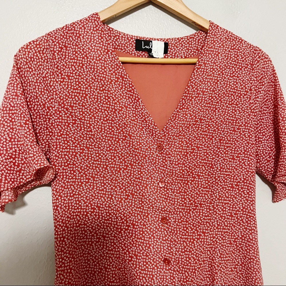 Lulus Castana Rust Red Print Button-Up Dress Sz S - image 7